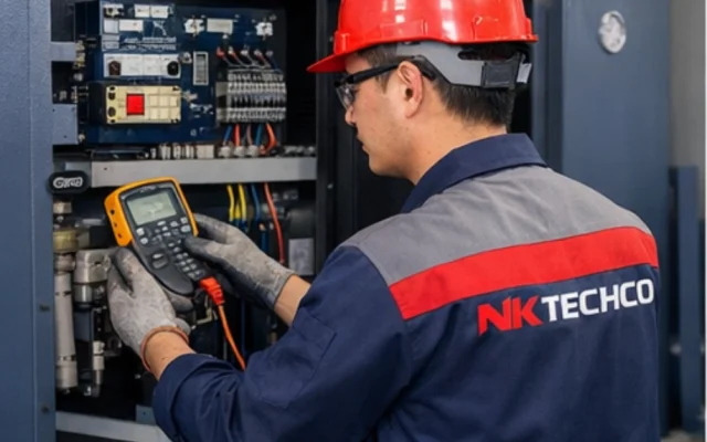 Kỹ thuật viên NK Techco kiểm tra tủ điện máy nén khí